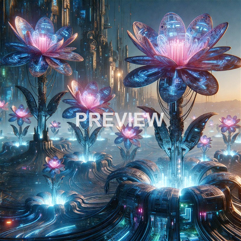 The image depicts a futuristic scene with glowing, digital-looking flowers that resemble lotus blossoms, set against a high-tech cityscape with tall, sleek buildings and neon lights, creating a surreal and cybernetic environment.